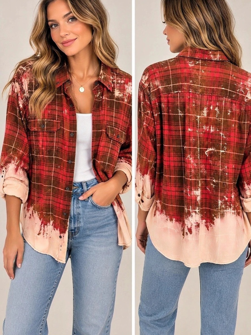 Red Acid Wash Plaid Button Down (080823) 🍂 🍁